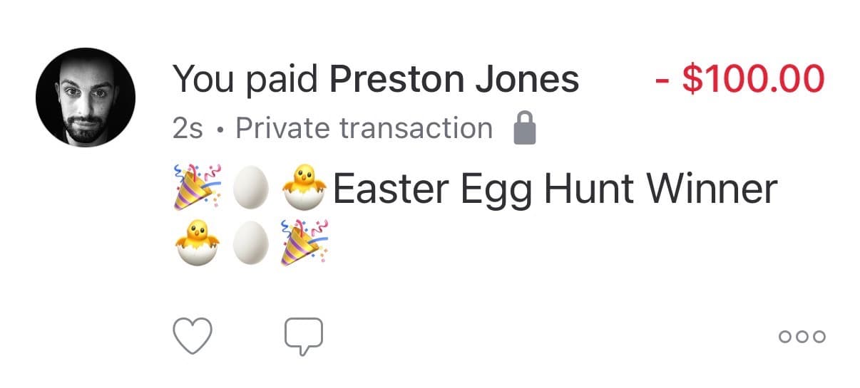 The $100 payment to Preston Jones, captioned Easter Egg Hunt Winner